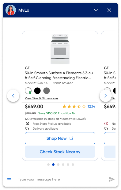 Product card carousel in chatbot